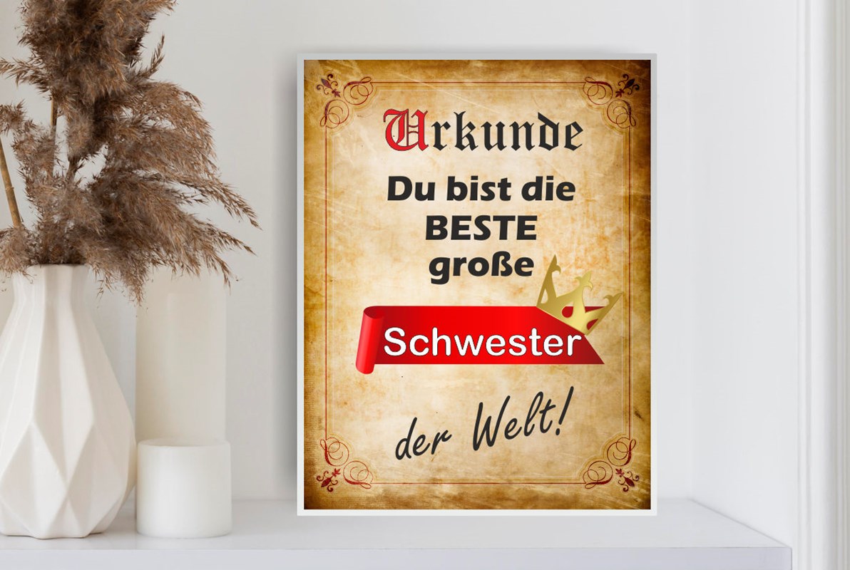 Urkunden-Schild: Du bist die beste große Schwester der Welt
