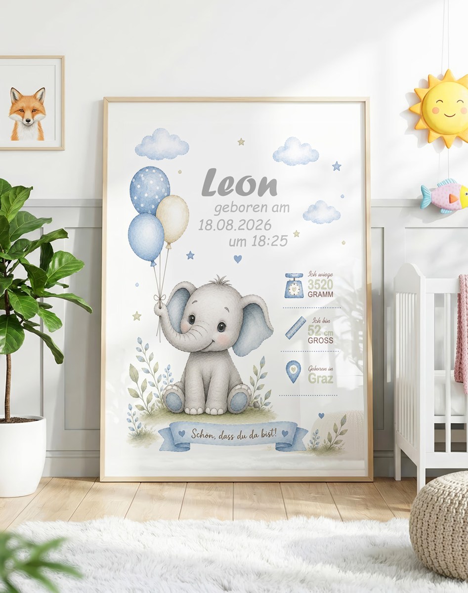 Geburtsposter Junge - Elefant