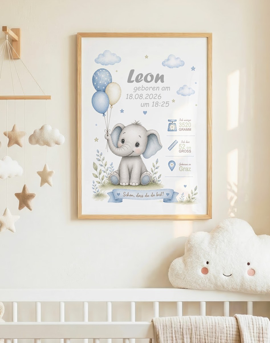Geburtsposter Junge - Elefant