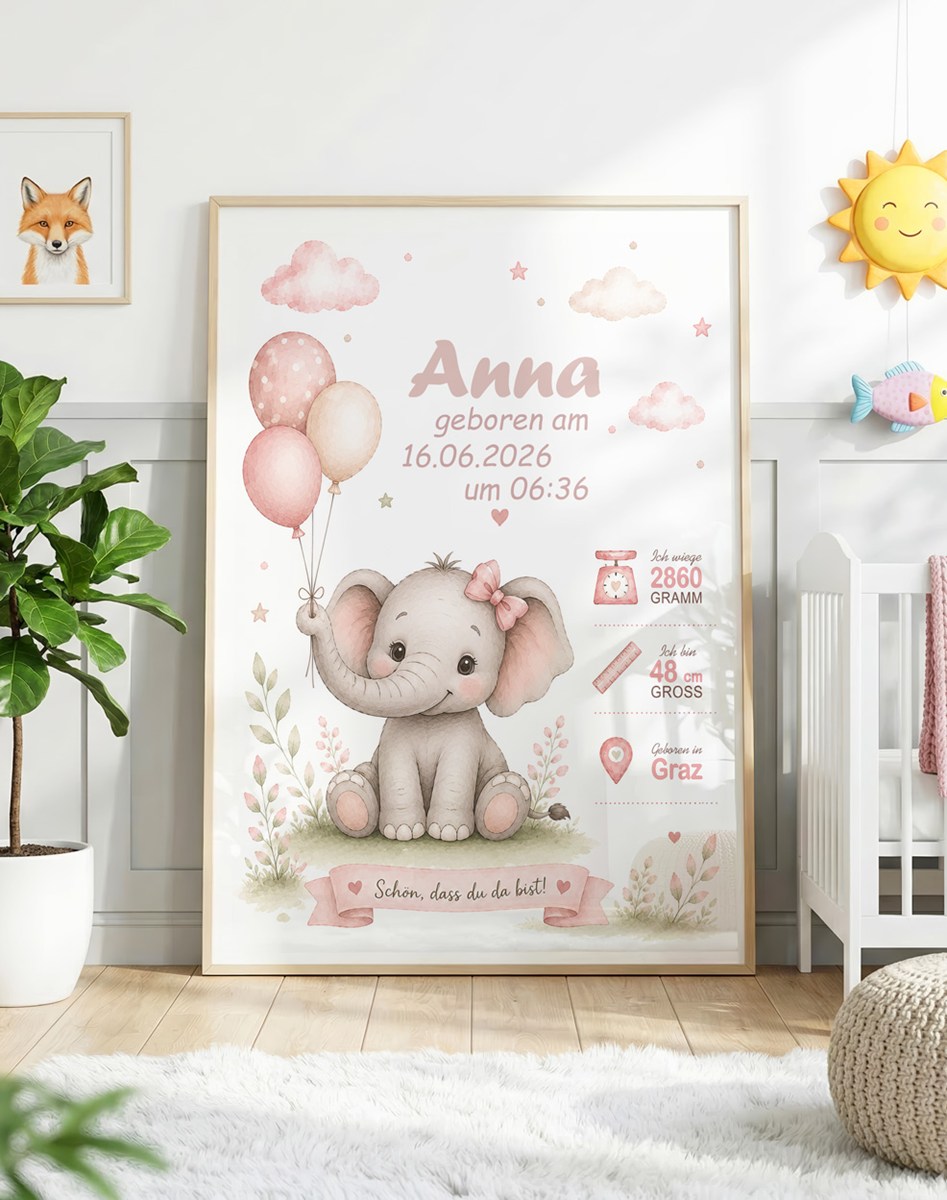 Geburtsposter Mädchen - Elefant