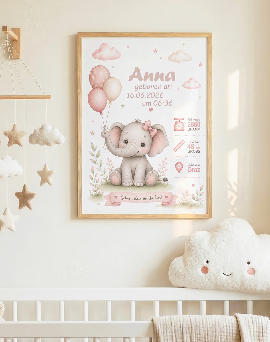 Geburtsposter Mädchen - Elefant
