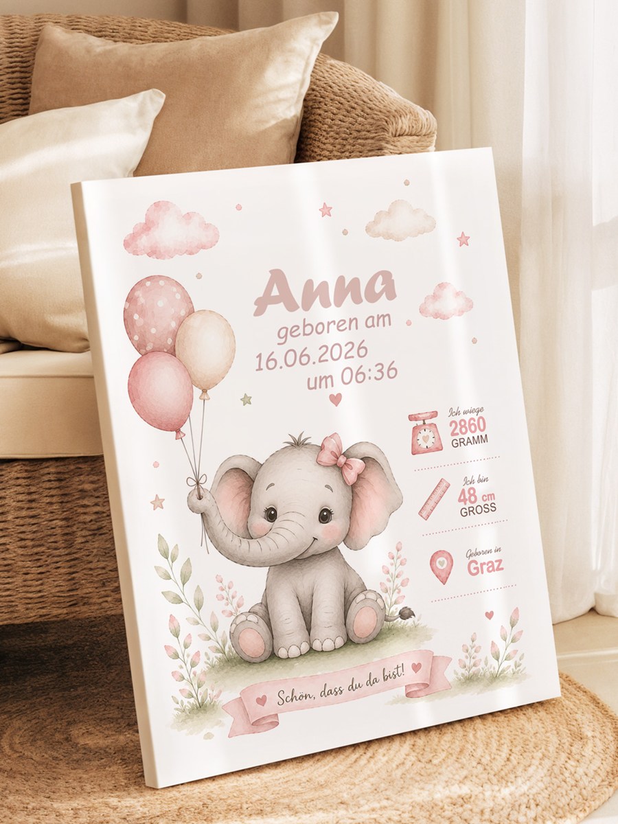 Geburtsbild Mädchen - Elefant - auf Keilrahmen