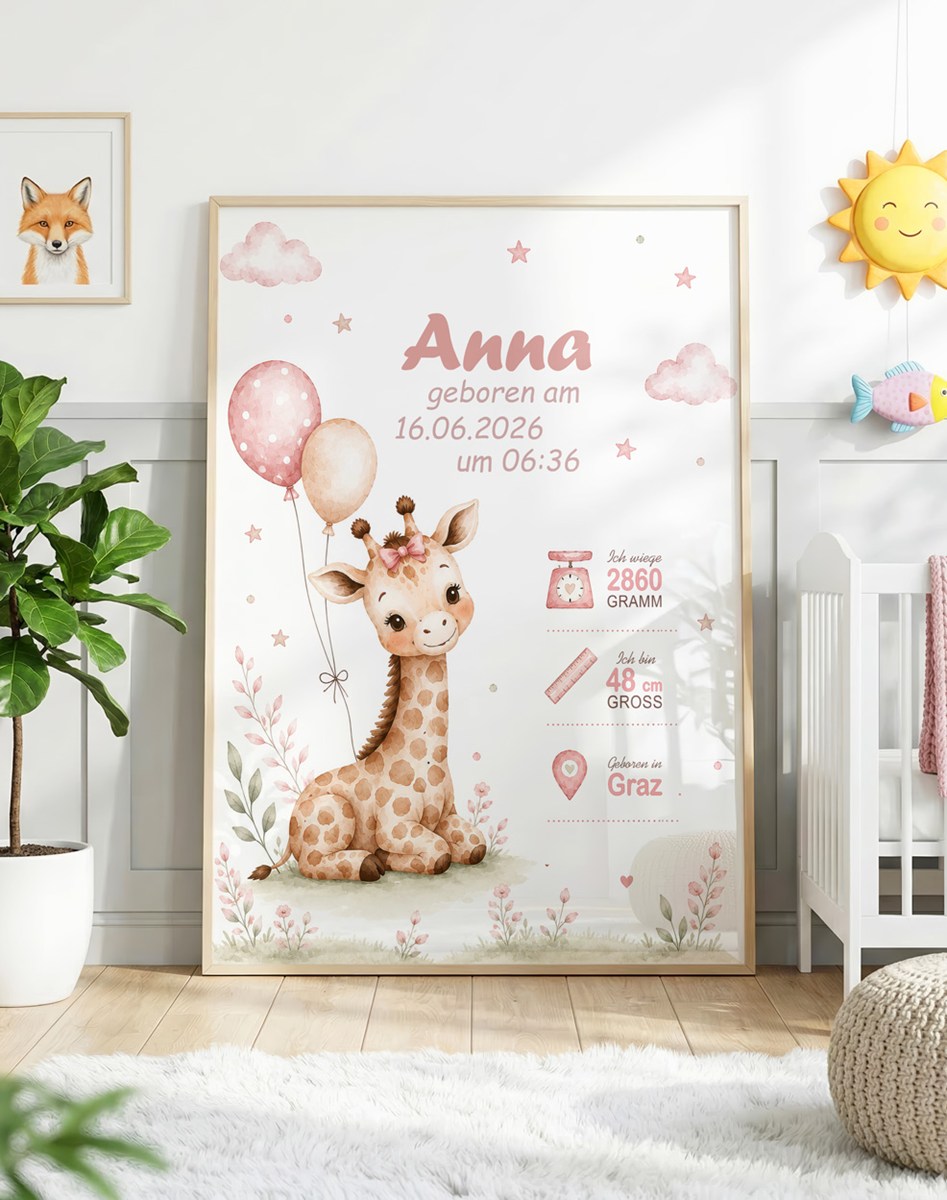 Geburtsposter Mädchen - Giraffe