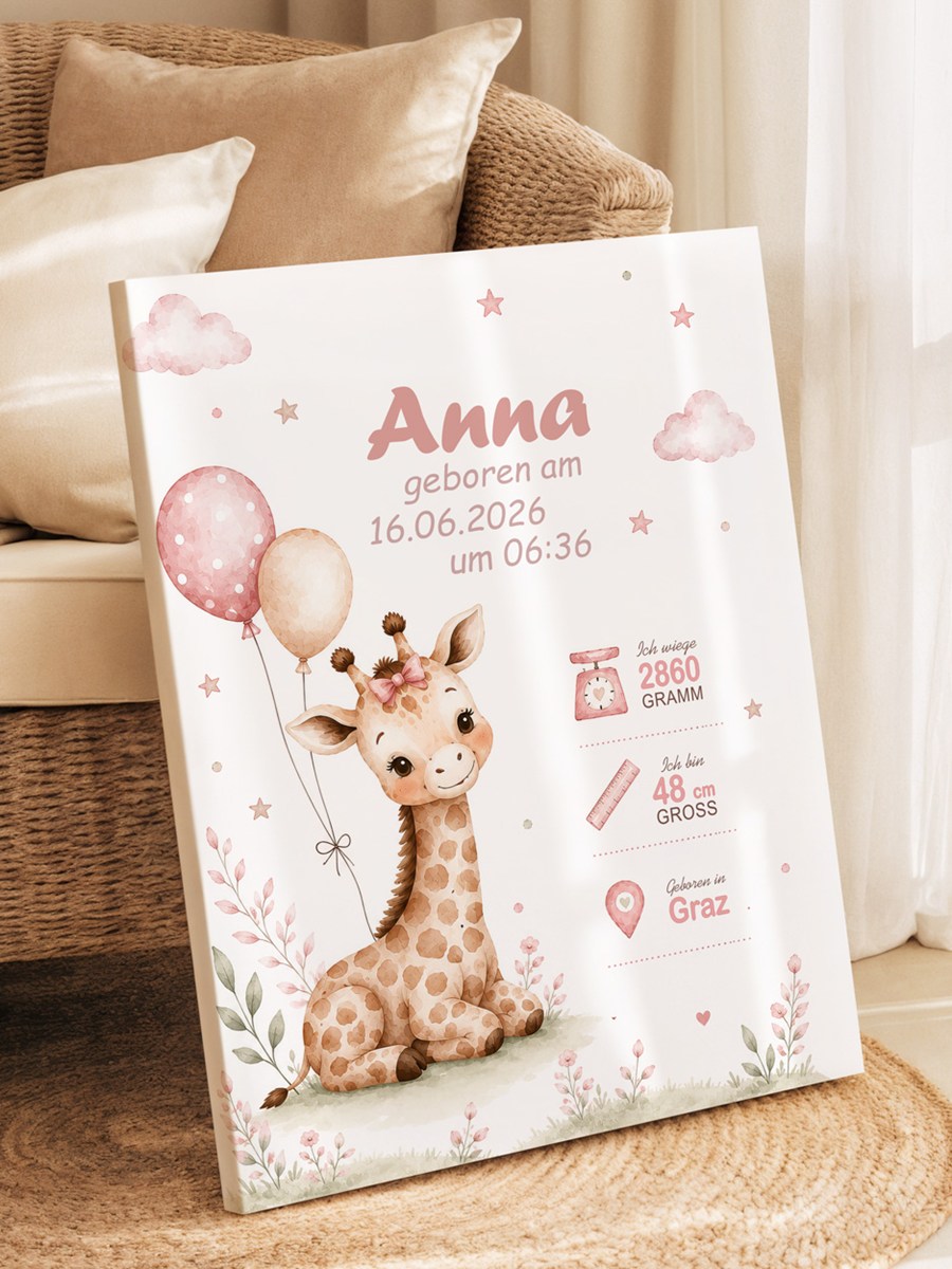 Geburtsbild Mädchen - Giraffe - auf Keilrahmen