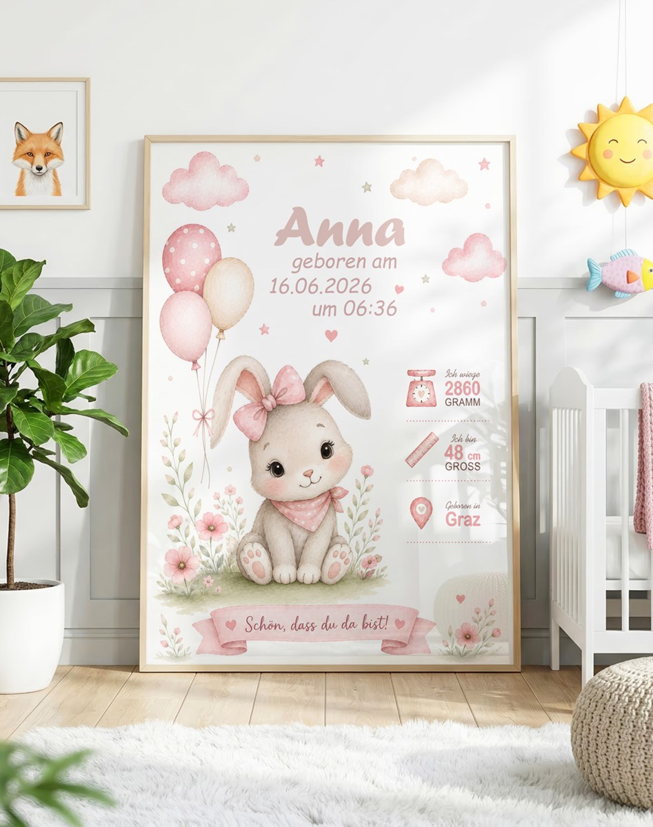 Geburtsposter Mädchen - Hase