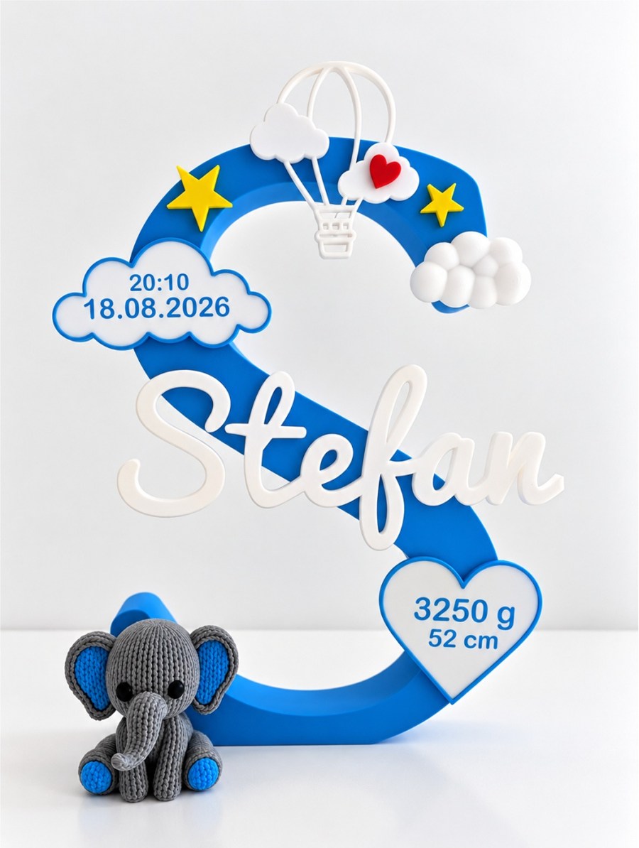 Beispiel mit Elefant: Personalisierter Namensaufsteller für Jungs