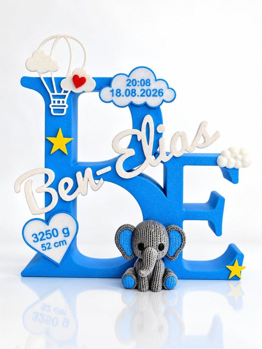 Beispiel mit Elefant: Personalisierter Namensaufsteller für Doppelname zur Geburt