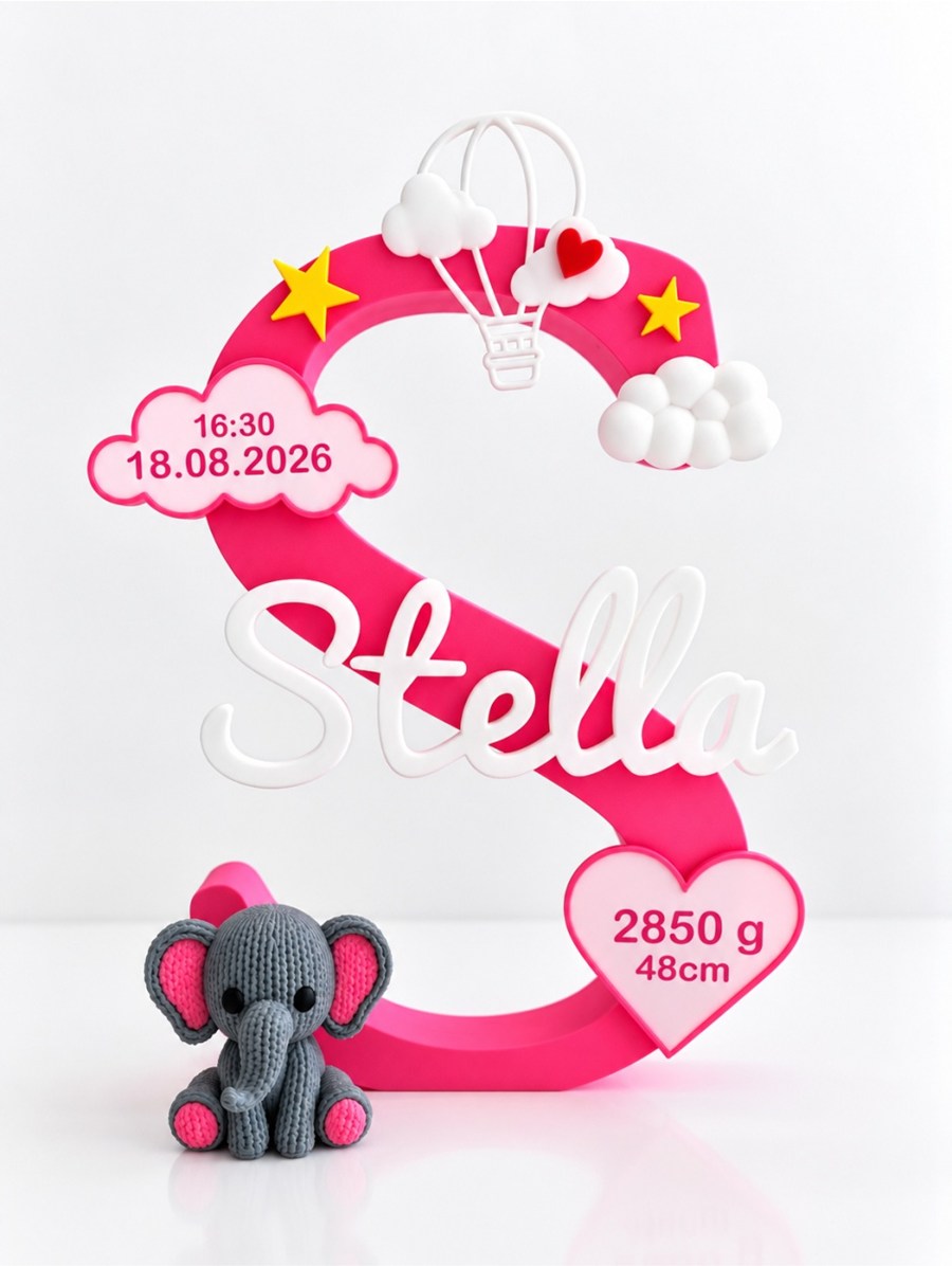 Beispiel mit Elefant: Personalisierter Namensaufsteller für Mädchen